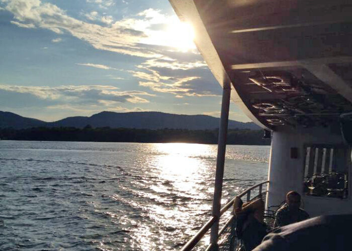 A picture of the deck of the Saint looking out across the Lake