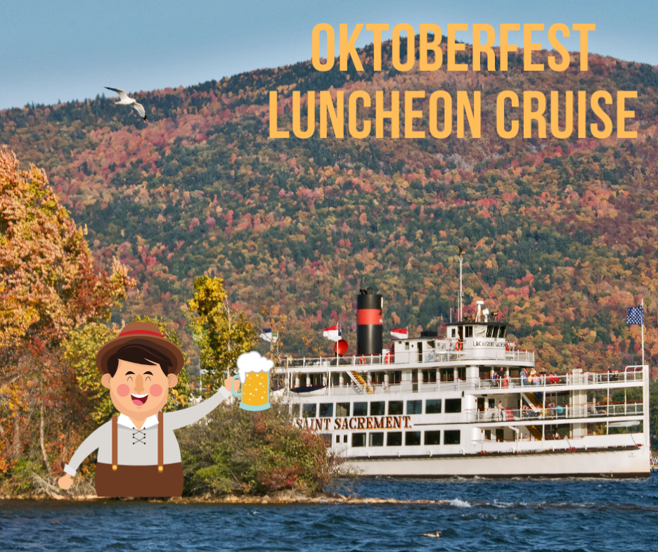 Picture of the Saint cruising before an Adirondack mountainside in fall foliage with a carton Oktoberfest man