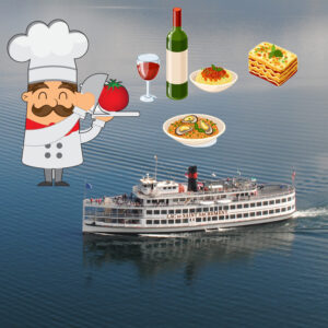An ariel view of the Sain on the Lake with a cartoon Italian chef and various Italian foodstuffs