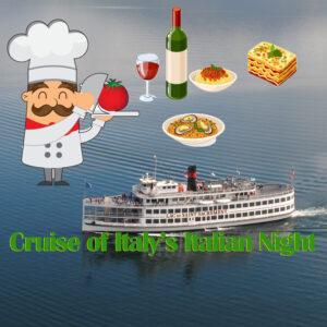 Picture of the Saint from an airborne drone shot of the lake with a little cartoon Italian chef serving up Italian dinner dishes.