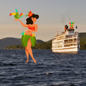 Picture of the Saint on the Lake at Dusk with a cartoon hula-skirted woman