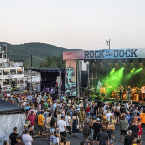 Picture of Steele Pier with a crowd of fans standing before a stage as a band plays bathed in green light.